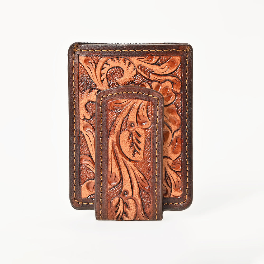 BAR H EQUINE Hand-Tooled Genuine Leather Money Clip Wallet Floral Carved | Western Style Card &amp; Cash Holder