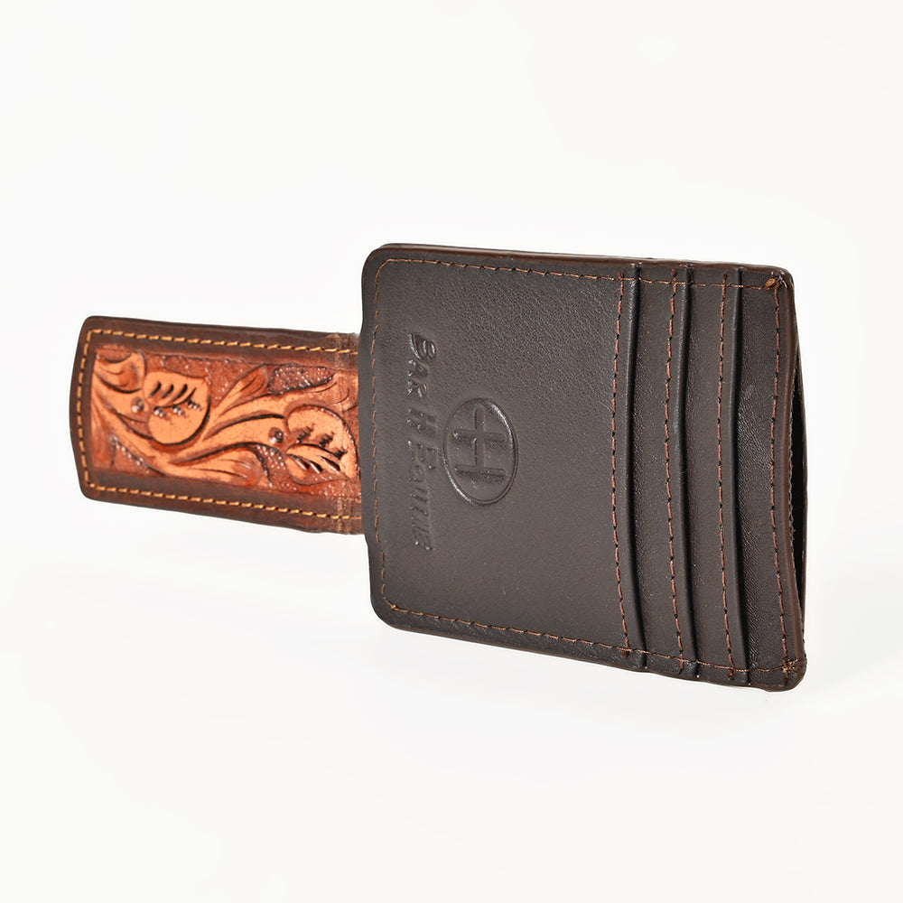 BAR H EQUINE Hand-Tooled Genuine Leather Money Clip Wallet Floral Carved | Western Style Card &amp; Cash Holder
