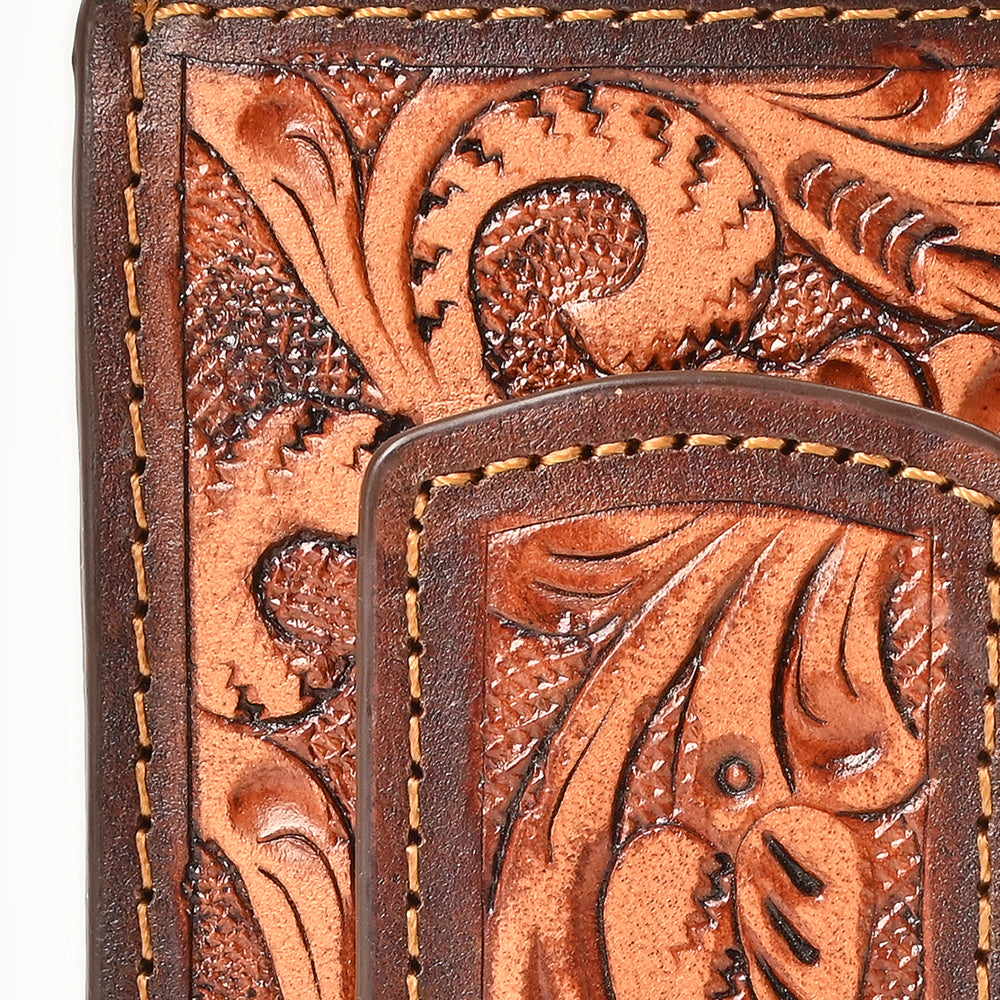 BAR H EQUINE Hand-Tooled Genuine Leather Money Clip Wallet Floral Carved | Western Style Card &amp; Cash Holder