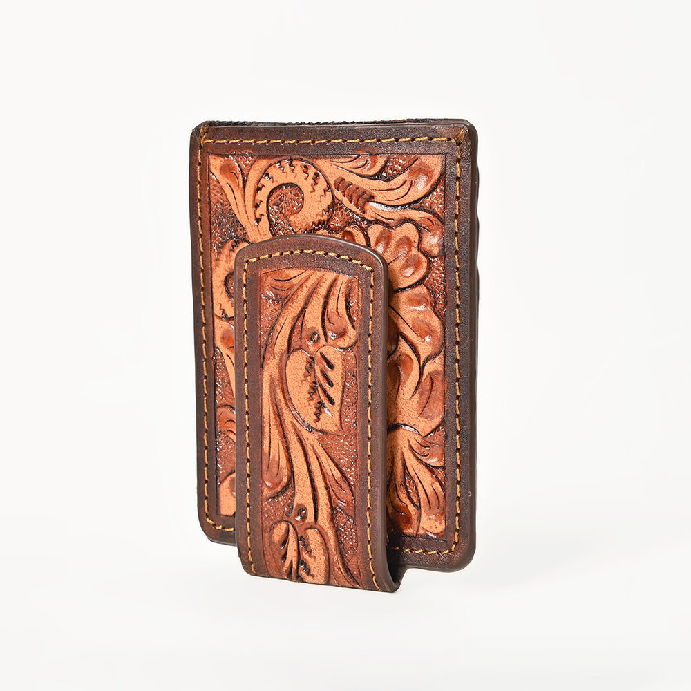 BAR H EQUINE Hand-Tooled Genuine Leather Money Clip Wallet Floral Carved | Western Style Card &amp; Cash Holder