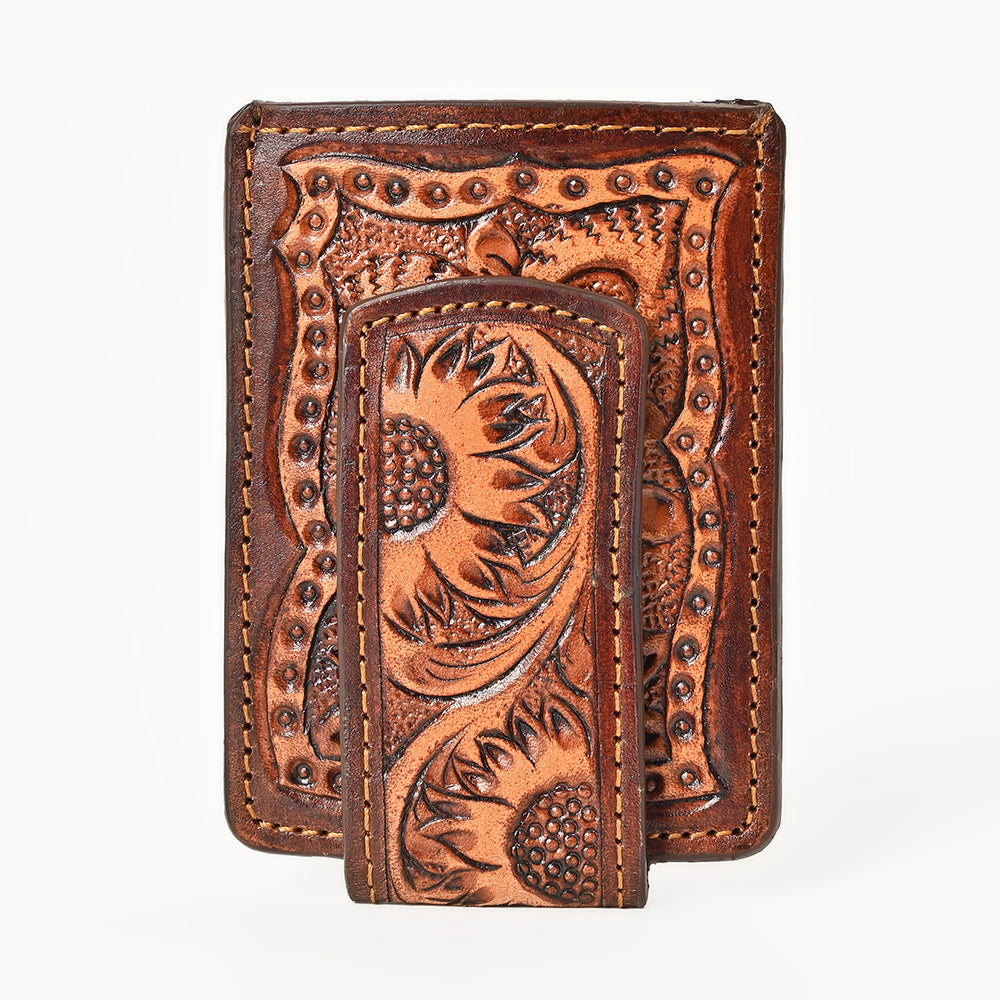 BAR H EQUINE Hand-Tooled Genuine Leather Money Clip Wallet Floral Carved | Western Style Card &amp; Cash Holder