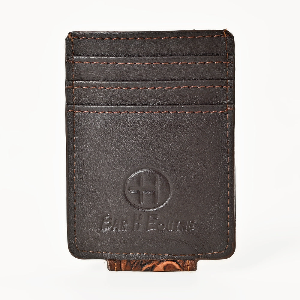 BAR H EQUINE Hand-Tooled Genuine Leather Money Clip Wallet Floral Carved | Western Style Card &amp; Cash Holder