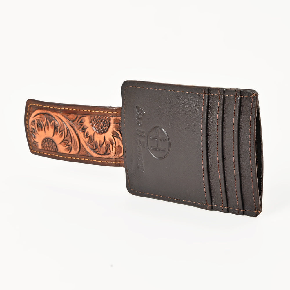 BAR H EQUINE Hand-Tooled Genuine Leather Money Clip Wallet Floral Carved | Western Style Card &amp; Cash Holder