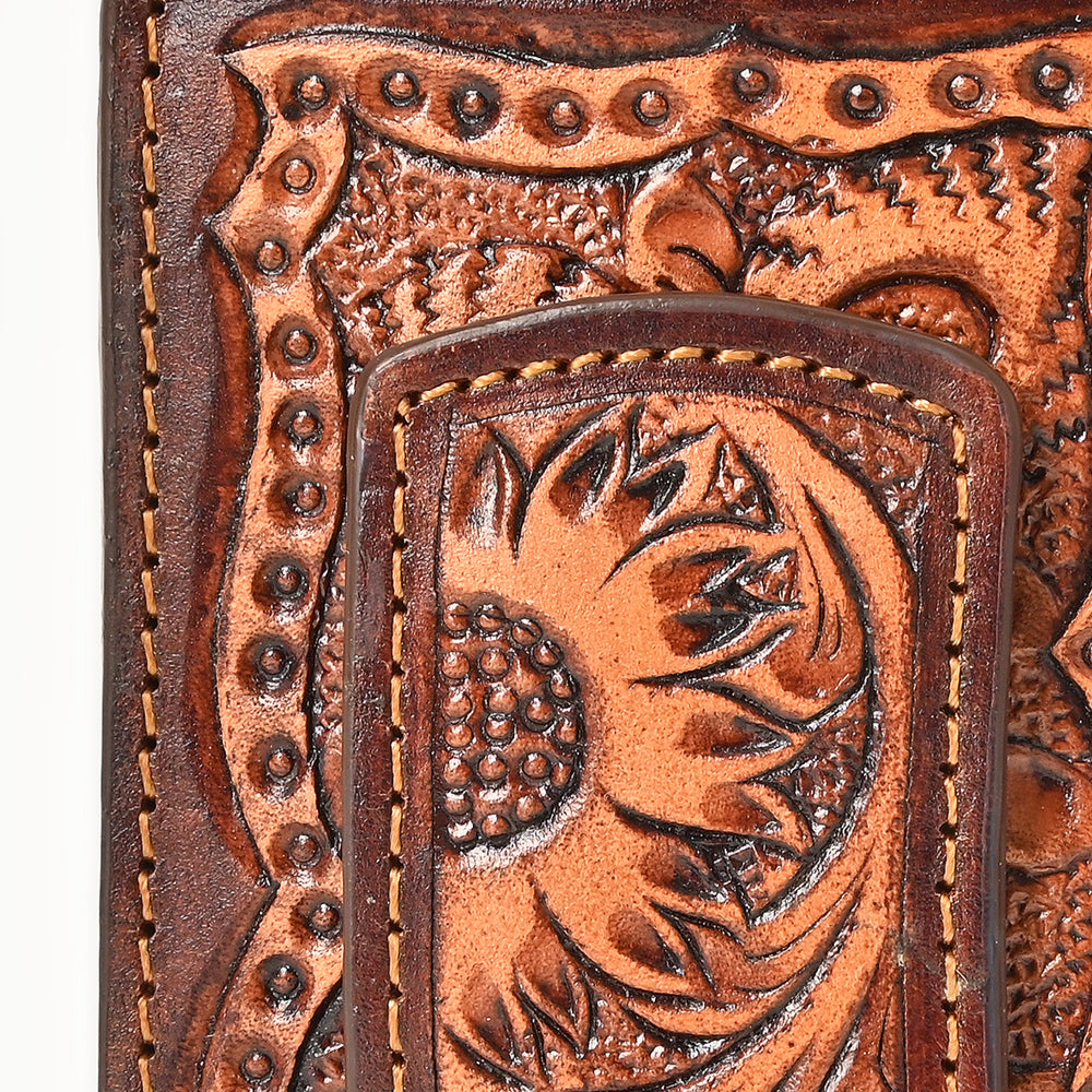 BAR H EQUINE Hand-Tooled Genuine Leather Money Clip Wallet Floral Carved | Western Style Card &amp; Cash Holder