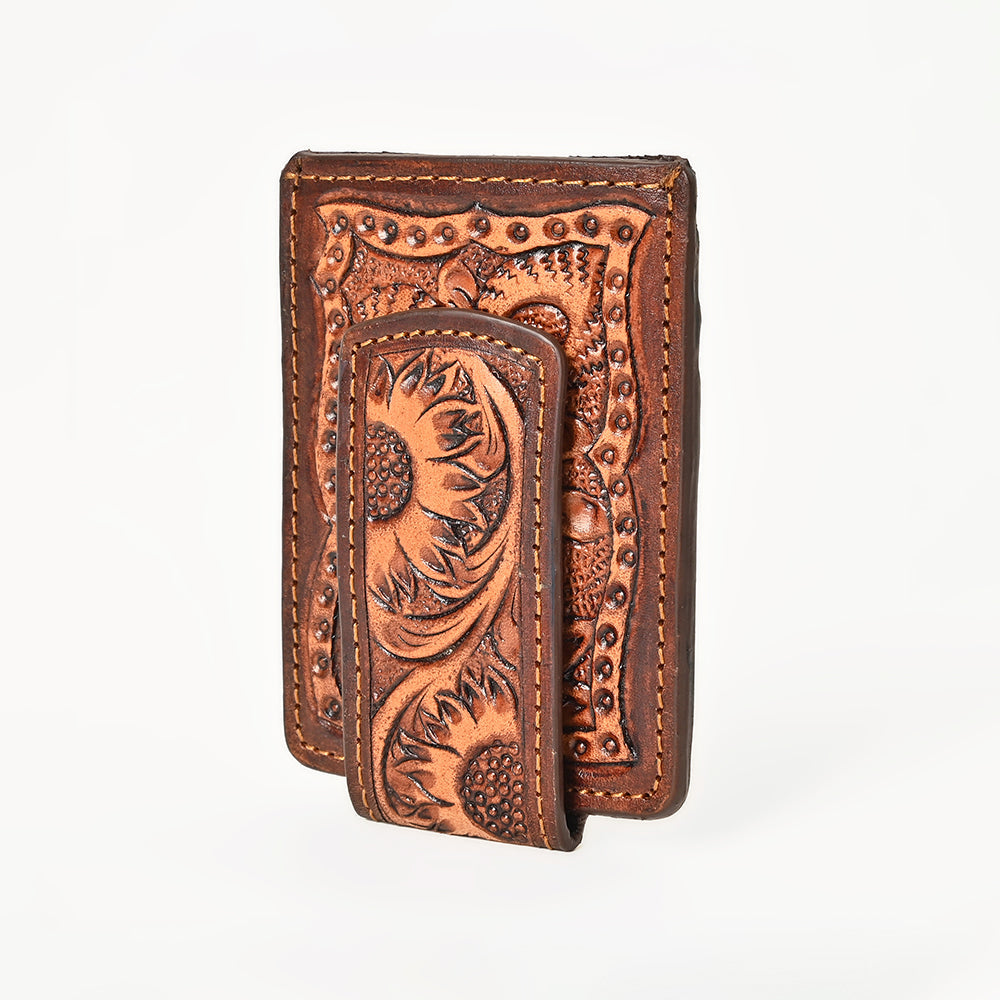 BAR H EQUINE Hand-Tooled Genuine Leather Money Clip Wallet Floral Carved | Western Style Card &amp; Cash Holder