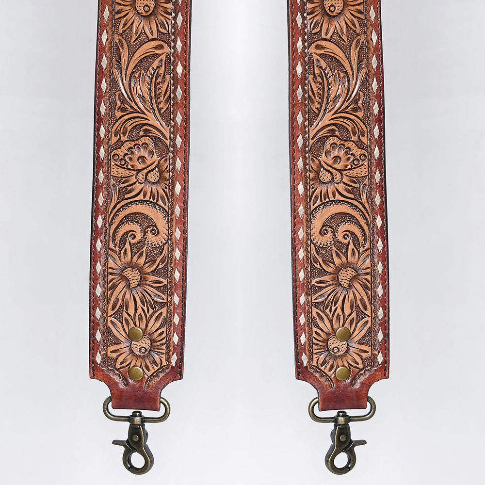 48 In American Darling Gorgeous Floral Hand Carved Genuine Leather Bag Strap With Flower Hand Tooled Design Brown Adbt147C