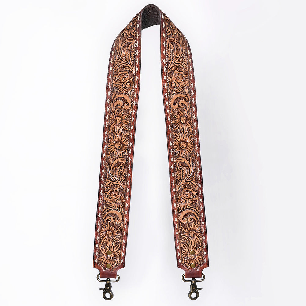48 In American Darling Gorgeous Floral Hand Carved Genuine Leather Bag Strap With Flower Hand Tooled Design Brown Adbt147C