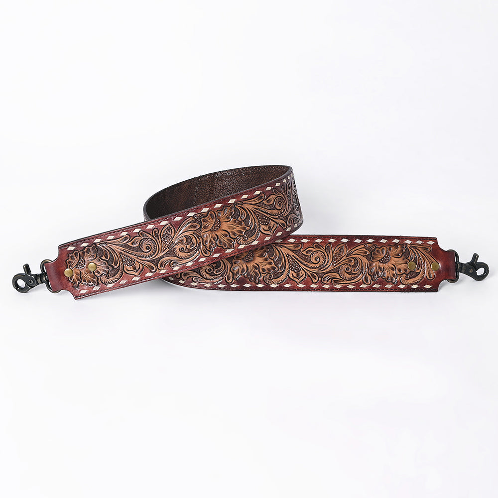 48 In American Darling Gorgeous Floral Hand Carved Genuine Leather Bag Strap With Flower Hand Tooled Design Brown Adbt147F