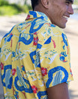 Surfboard Yellow Hawaiian Camp Shirt With Vintage Surf Style For Sunny Vacations
