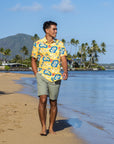 Surfboard Yellow Hawaiian Camp Shirt With Vintage Surf Style For Sunny Vacations