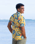 Surfboard Yellow Hawaiian Camp Shirt With Vintage Surf Style For Sunny Vacations