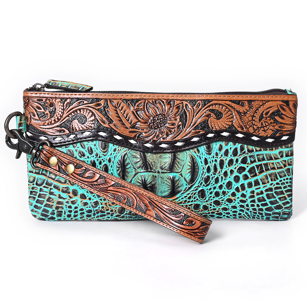 American Darling Hand Tooled &amp; Crocodile Genuine Leather Clutch Bag