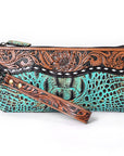American Darling Hand Tooled & Crocodile Genuine Leather Clutch Bag