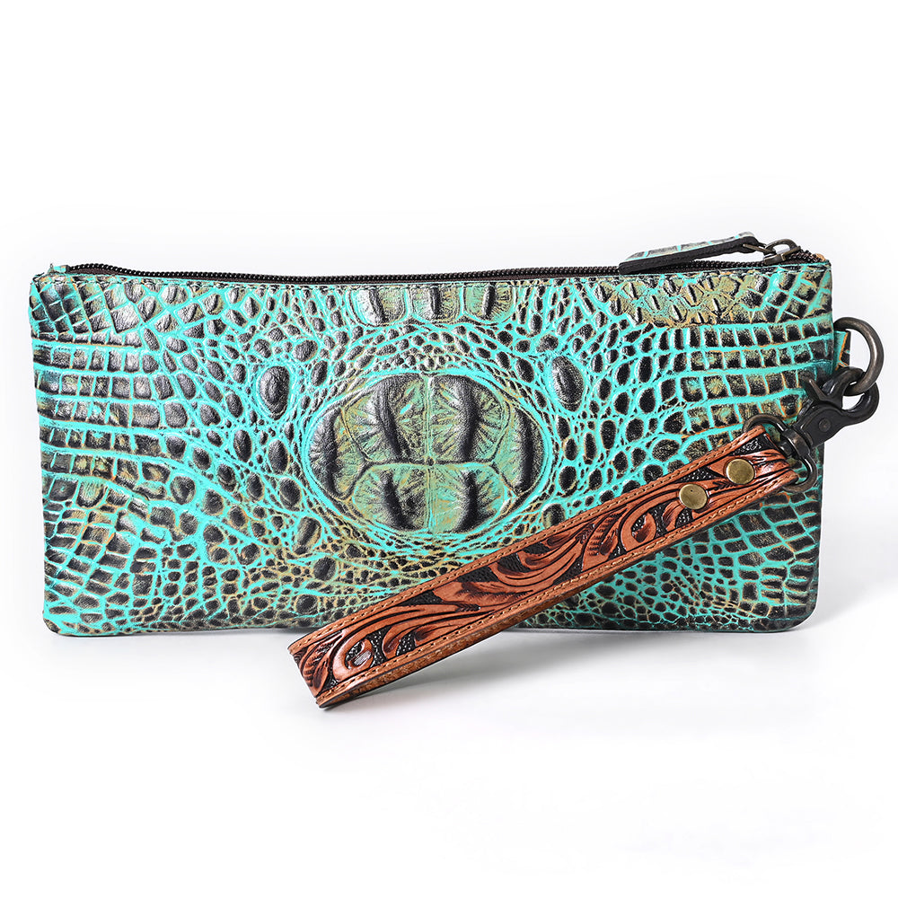 American Darling Hand Tooled &amp; Crocodile Genuine Leather Clutch Bag