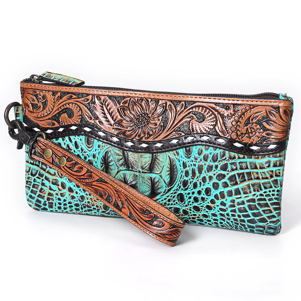 American Darling Hand Tooled &amp; Crocodile Genuine Leather Clutch Bag
