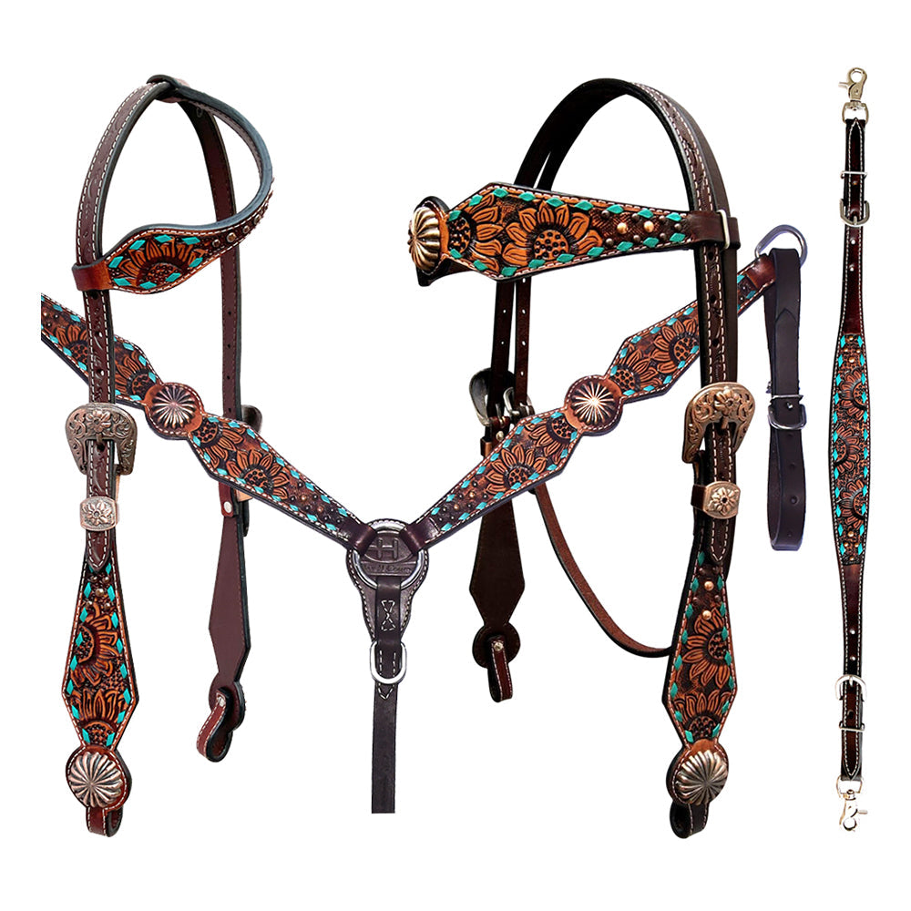 Bar H Equine Genuine Western American Leather Horse Premium Headstall &amp; Breast Collar Set