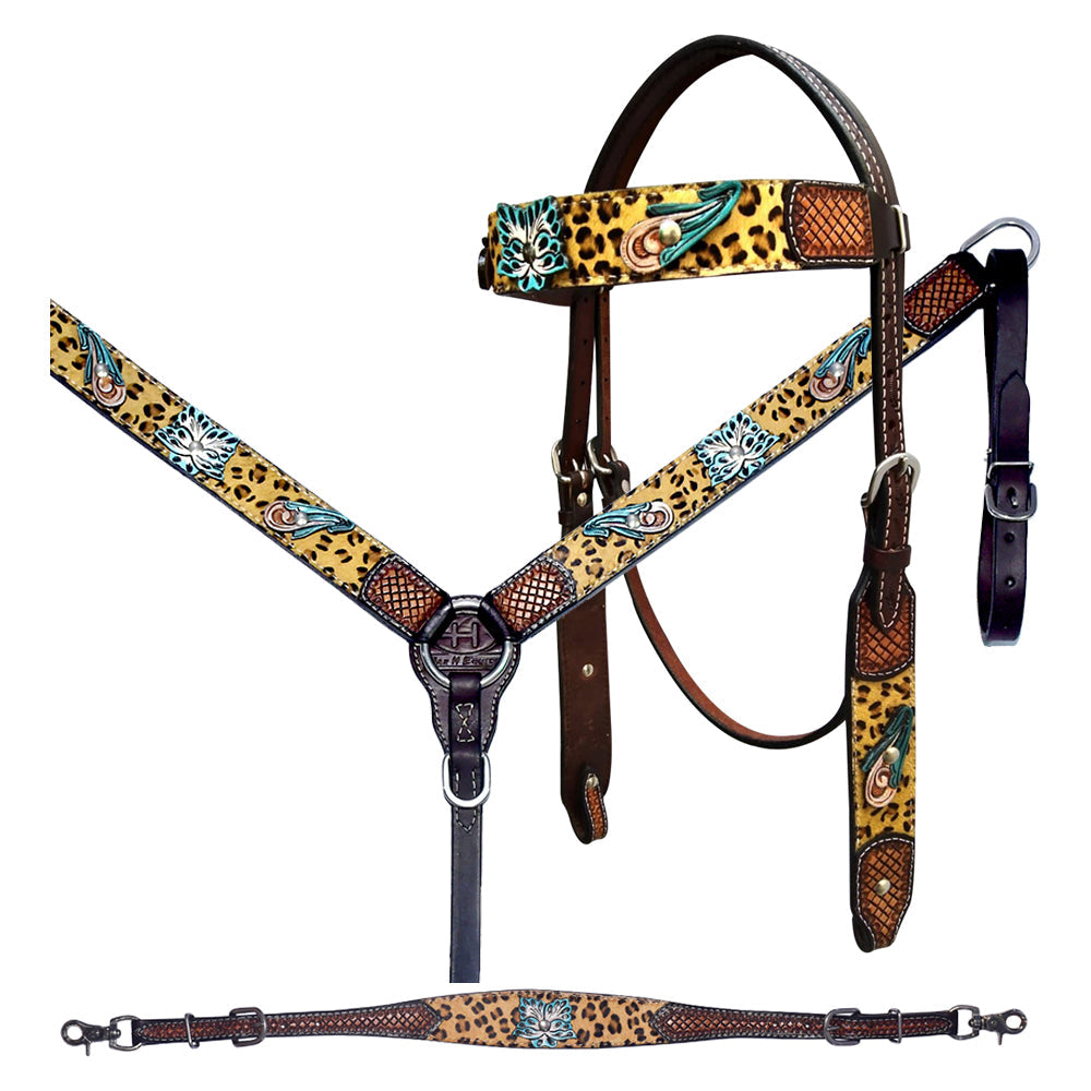 Bar H Equine Western Horse Floral Cheetah Print Genuine American Leather Tack Set