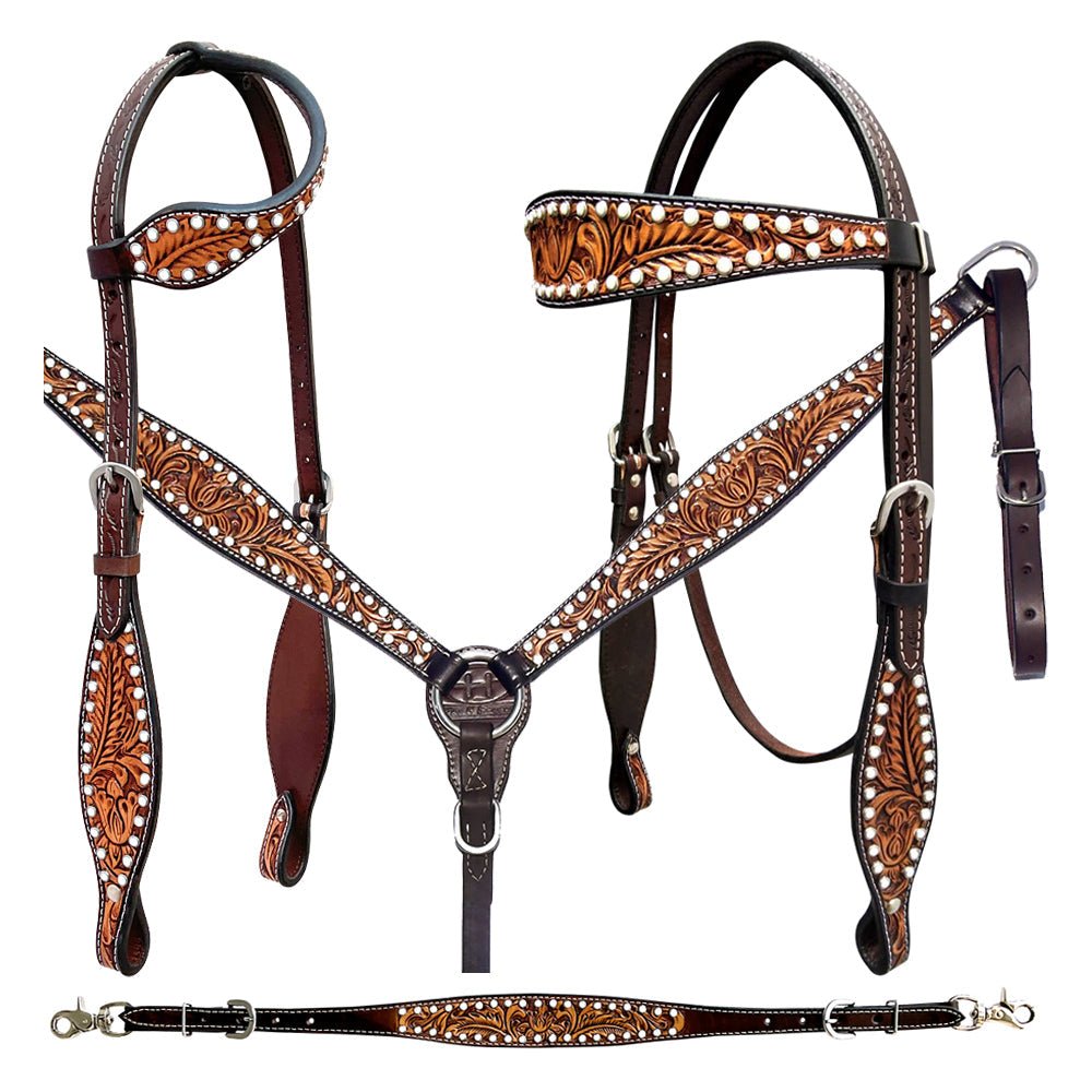 Bar H Equine Genuine Western American Leather Horse Premium Headstall &amp; Breast Collar Set