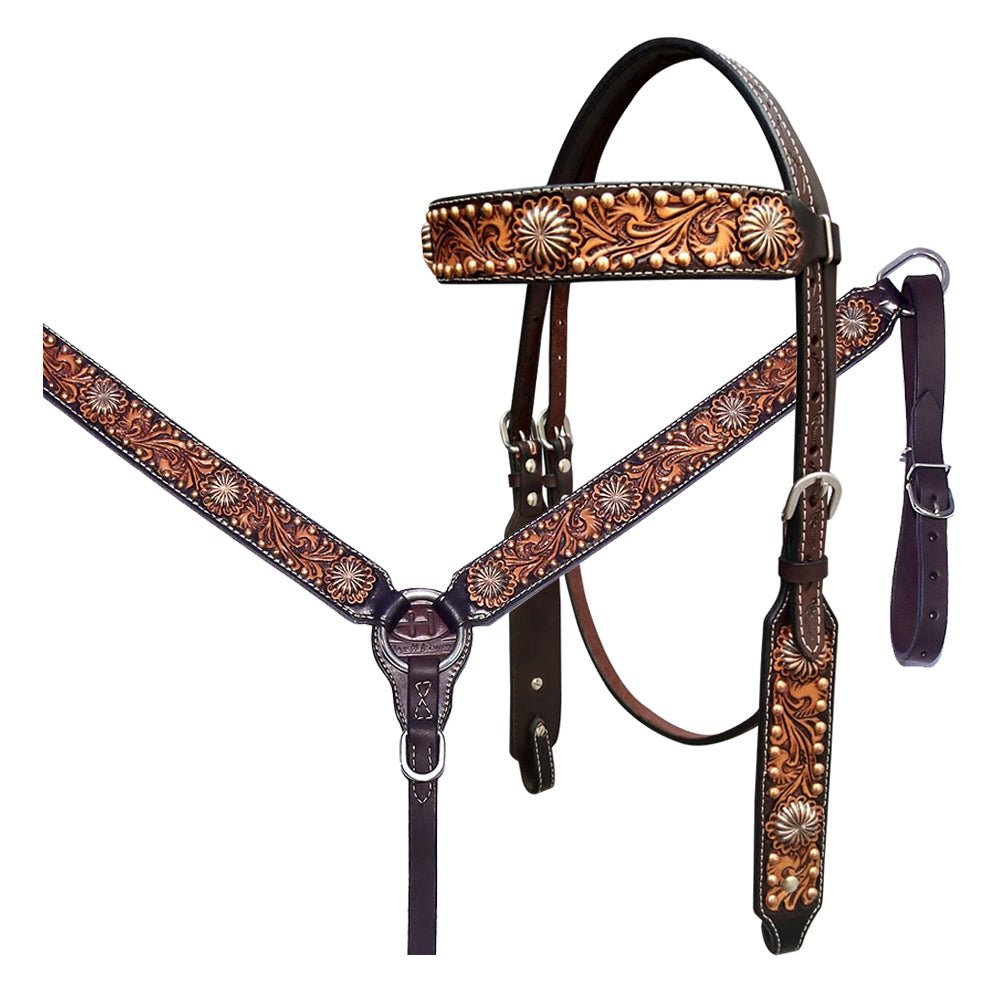 Bar H Equine Genuine Western American Leather Horse Premium Headstall &amp; Breast Collar Set