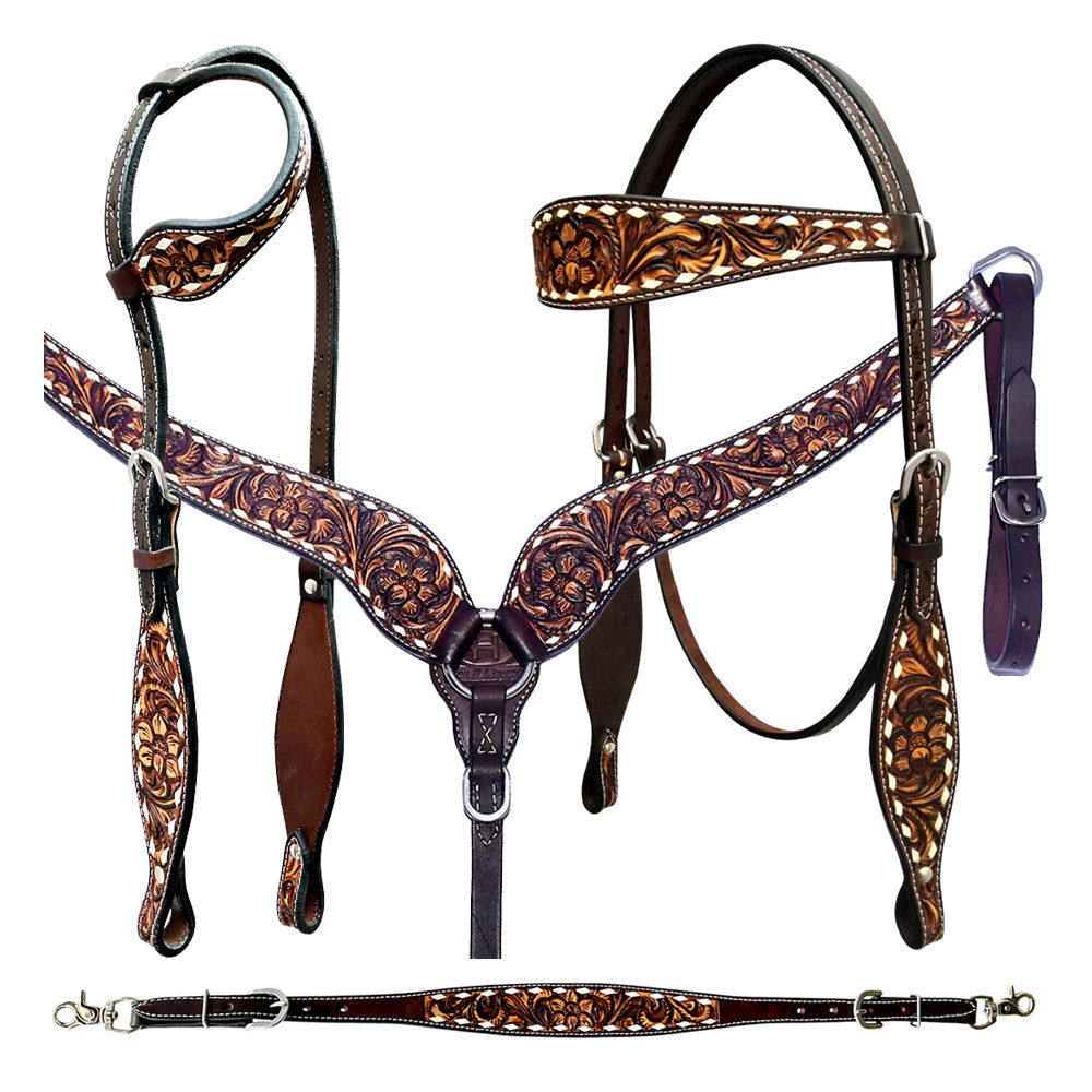 Bar H Equine Genuine Western American Leather Horse Premium Headstall &amp; Breast Collar Set