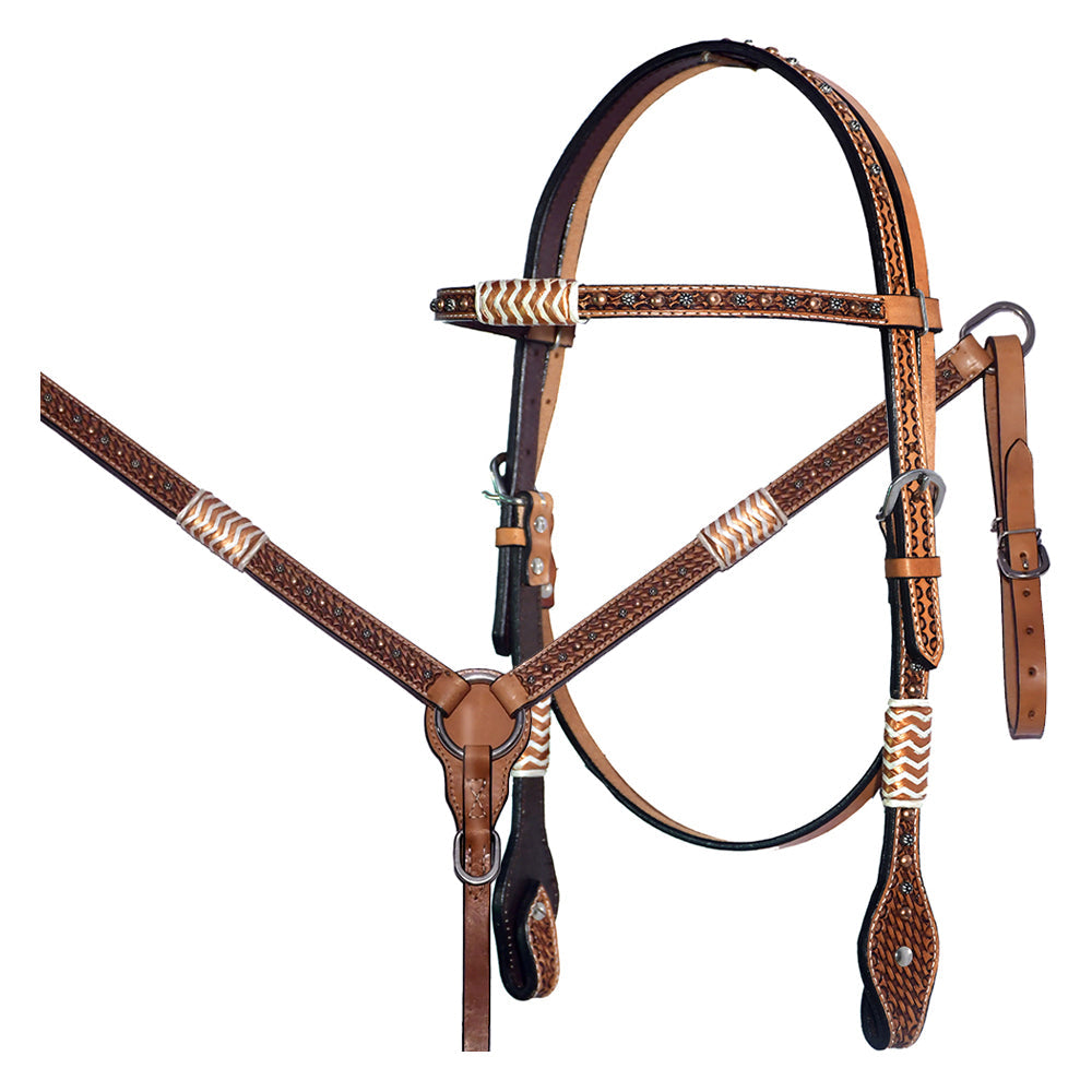 Bar H Equine Western Horse Rawhide Genuine American Leather Tack Set Brown