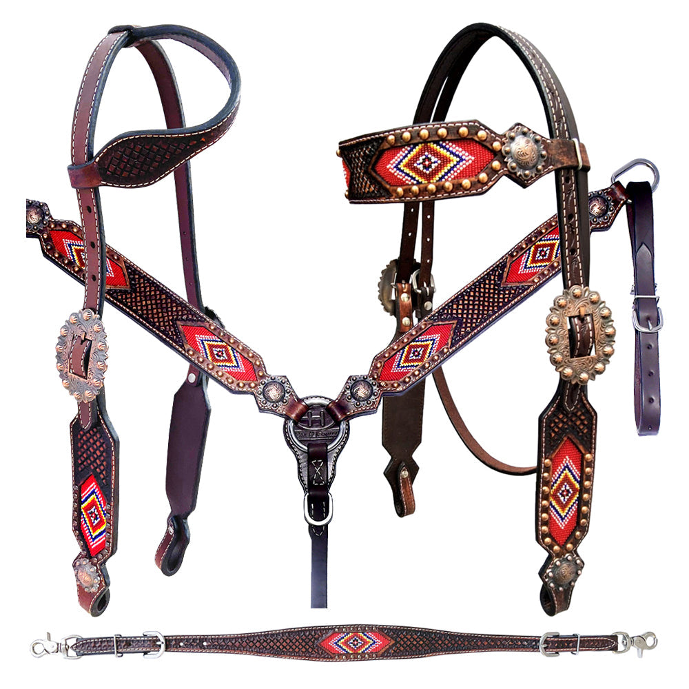 BAR H EQUINE Western Leather Horse Headstall &amp; Breast Collar &amp; Wither Strap