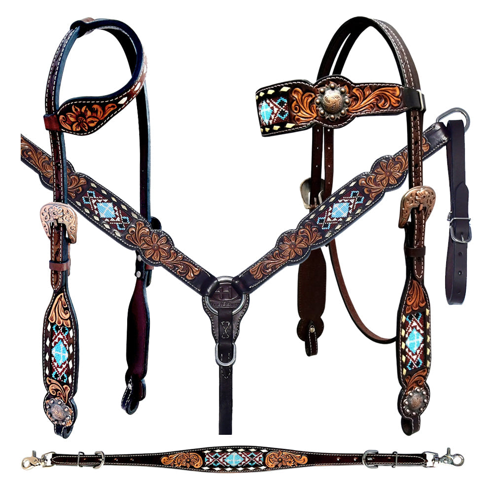Bar H Equine Genuine Western American Leather Horse Premium Headstall &amp; Breast Collar Set