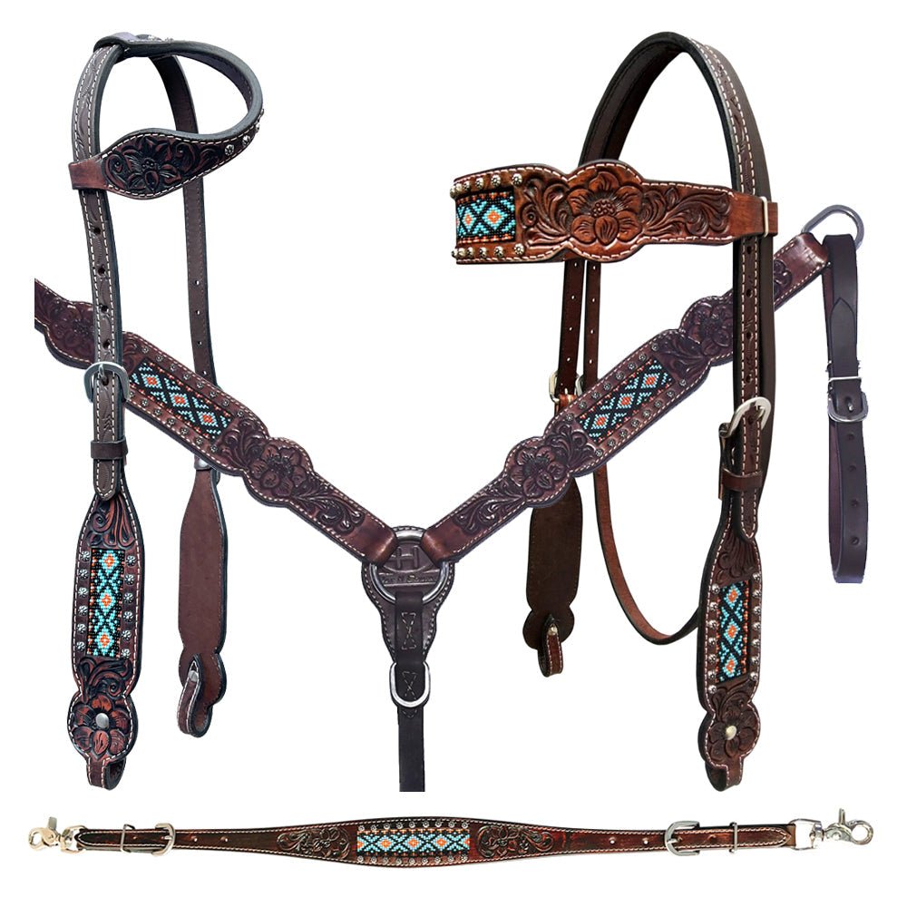 Bar H Equine American Leather Horse Saddle Tack One Ear Headstall | Breast Collar | Browband Headstall | Wither Strap | Tack Set BER229