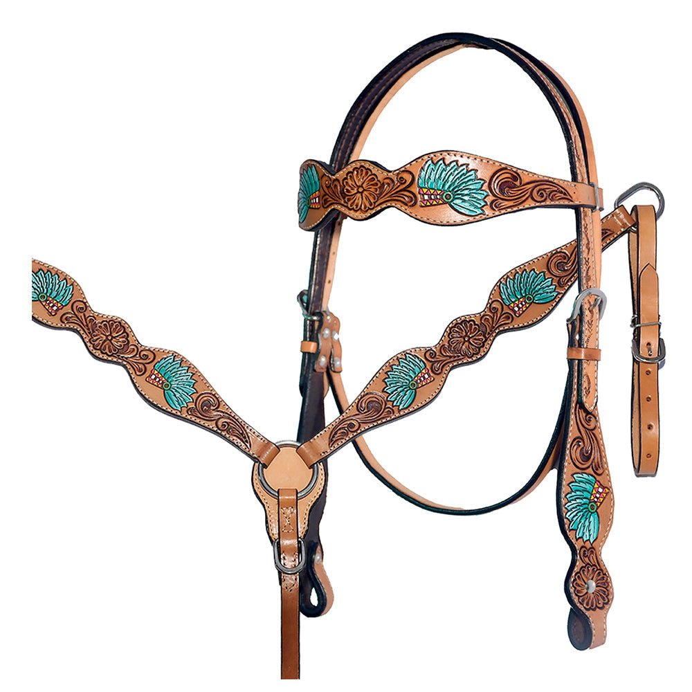 Bar H Equine Genuine Western American Leather Horse Premium Headstall &amp; Breast Collar Set