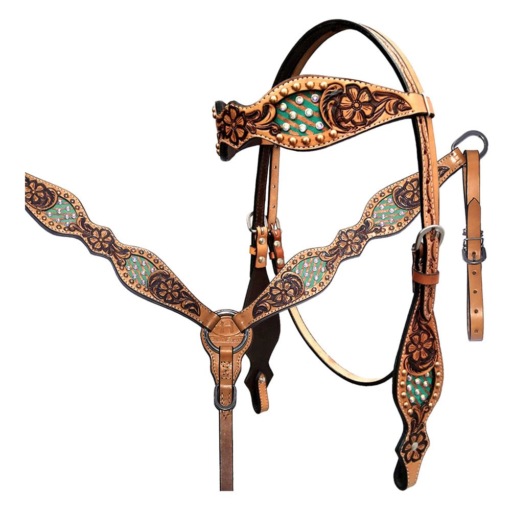 Bar H Equine Genuine Western American Leather Horse Premium Headstall &amp; Breast Collar Set
