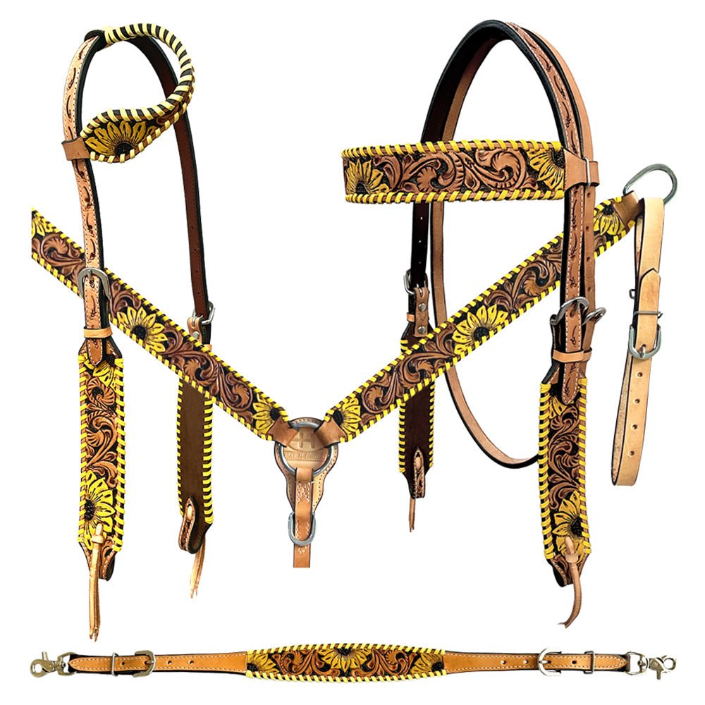 Bar H Equine American Leather Horse Saddle Tack One Ear Headstall | Breast Collar | Browband Headstall | Wither Strap | Tack Set BER255