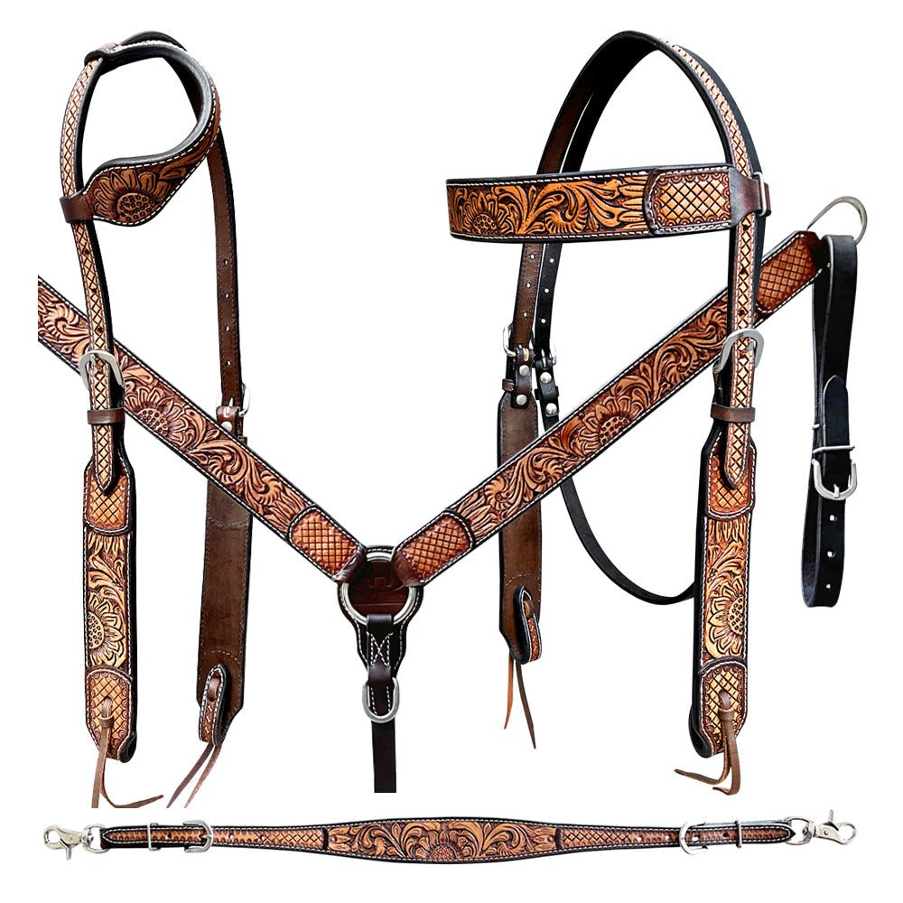 Bar H Equine Genuine Western American Leather Horse Premium Headstall &amp; Breast Collar Set