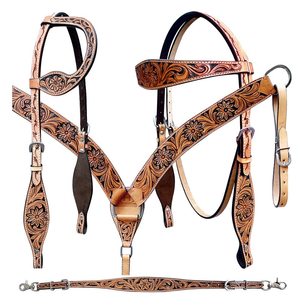 Bar H Equine Genuine Western American Leather Horse Premium Headstall &amp; Breast Collar Set