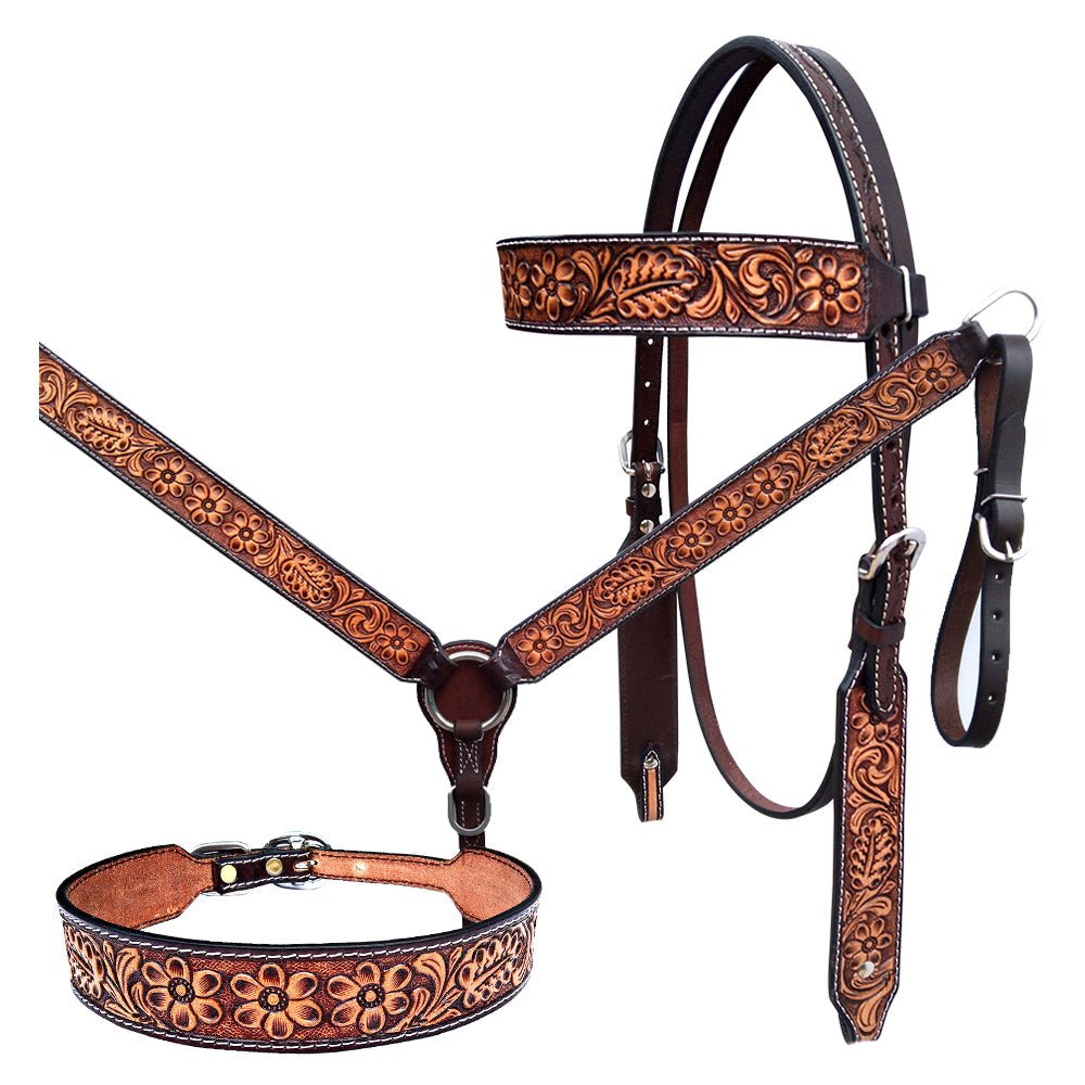 Bar H Equine Genuine Western American Leather Horse Premium Headstall &amp; Breast Collar Set