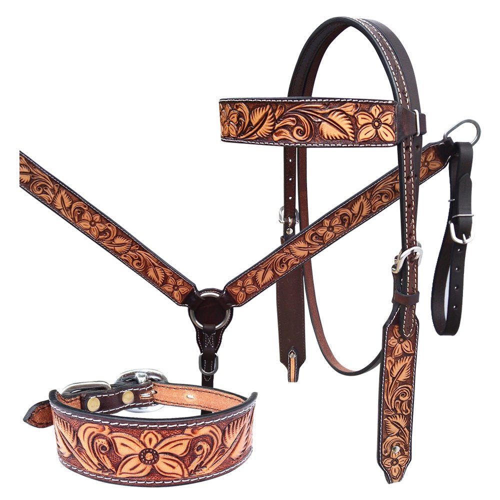 Bar H Equine Genuine Western American Leather Horse Premium Headstall &amp; Breast Collar Set