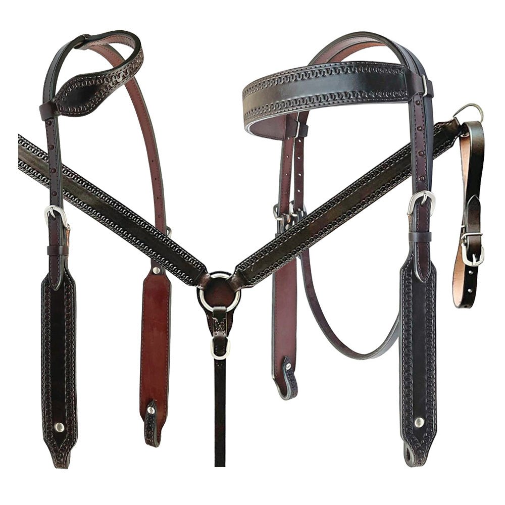 Bar H Equine Genuine Western American Leather Horse Premium Headstall &amp; Breast Collar Set