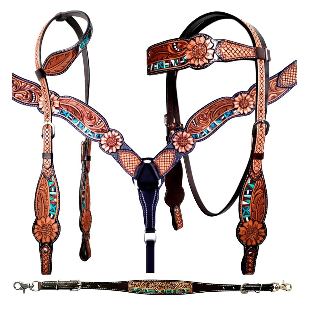 Bar H Equine Genuine Western American Leather Horse Premium Headstall &amp; Breast Collar Set