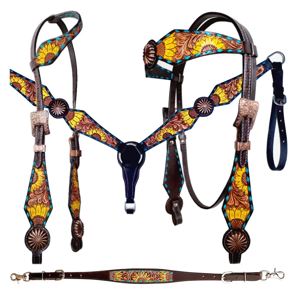 Bar H Equine Genuine Western American Leather Horse Premium Headstall &amp; Breast Collar Set