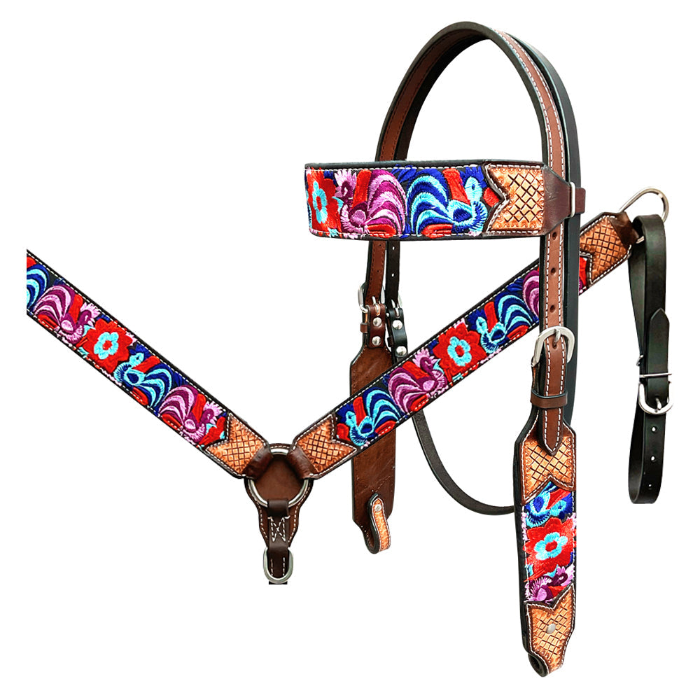 Bar H Equine Western Leather Horse Headstall &amp; Breast Collar Brown