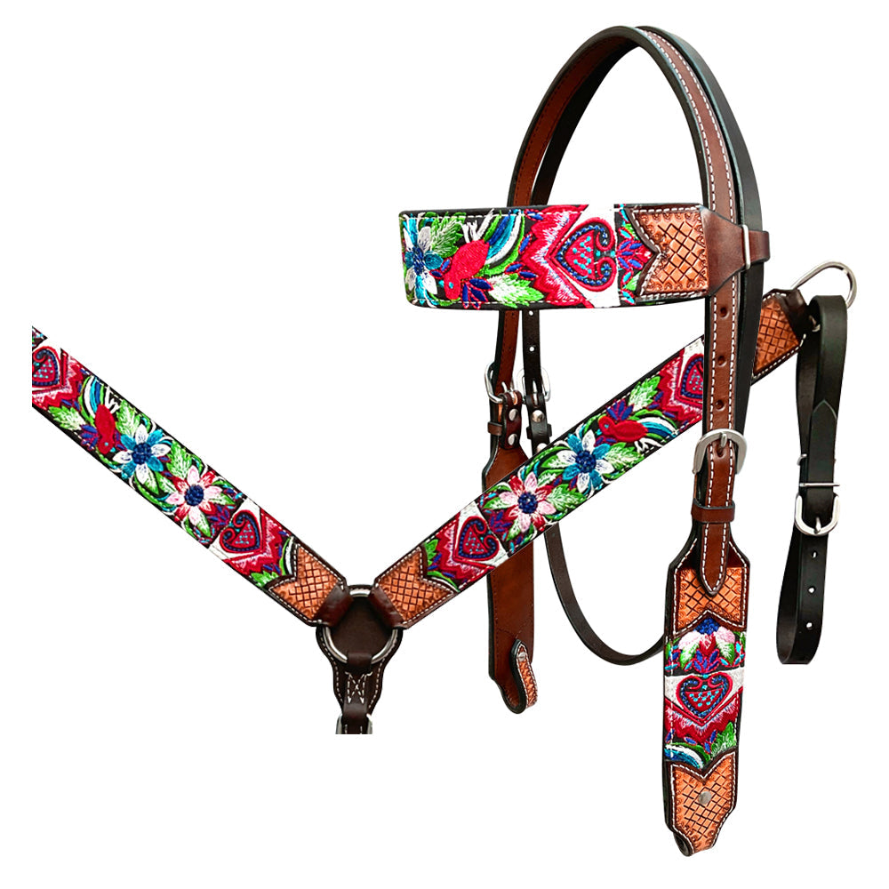 Bar H Equine Western Leather Horse Headstall &amp; Breast Collar Brown