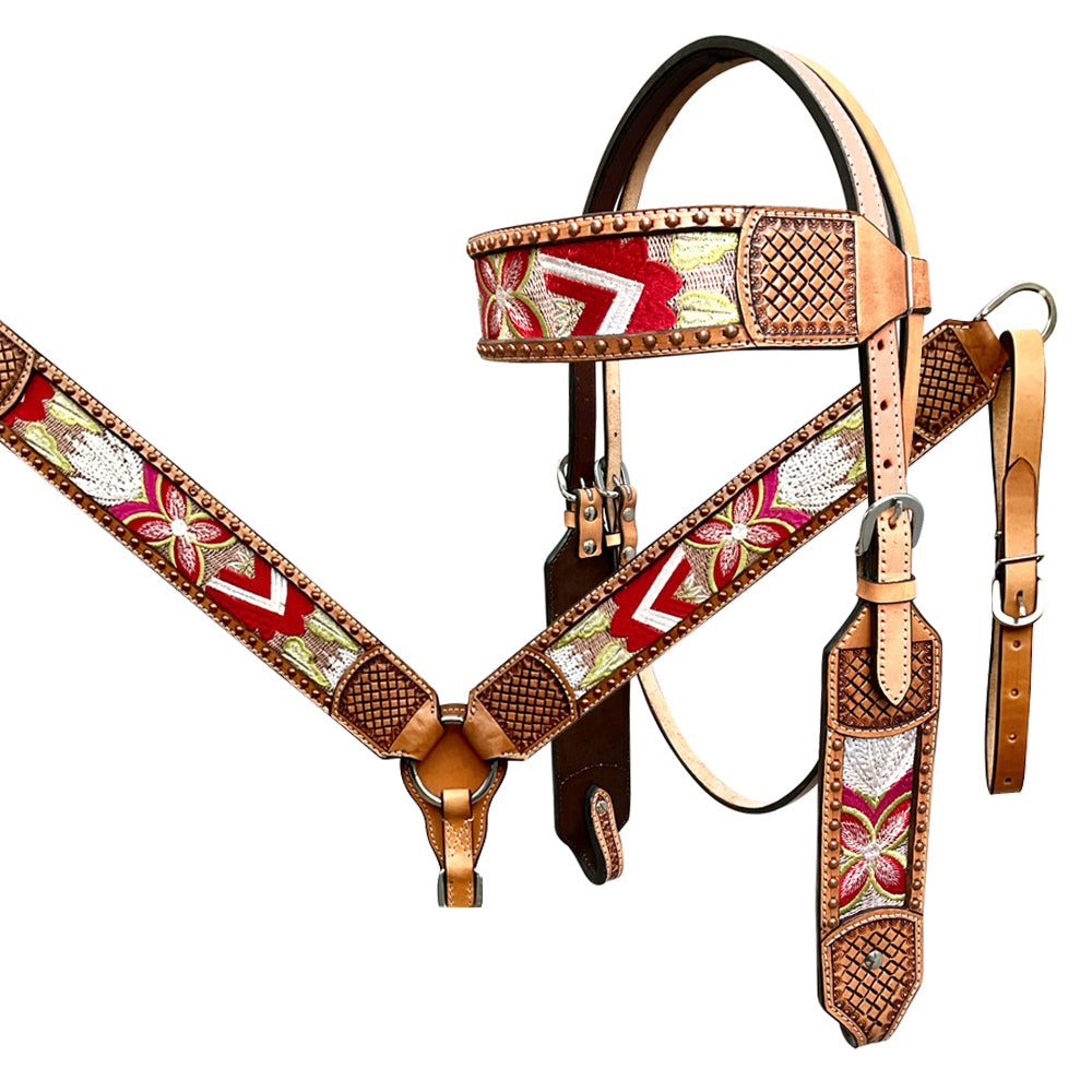 Bar H Equine Western Leather Horse Headstall &amp; Breast Collar Brown