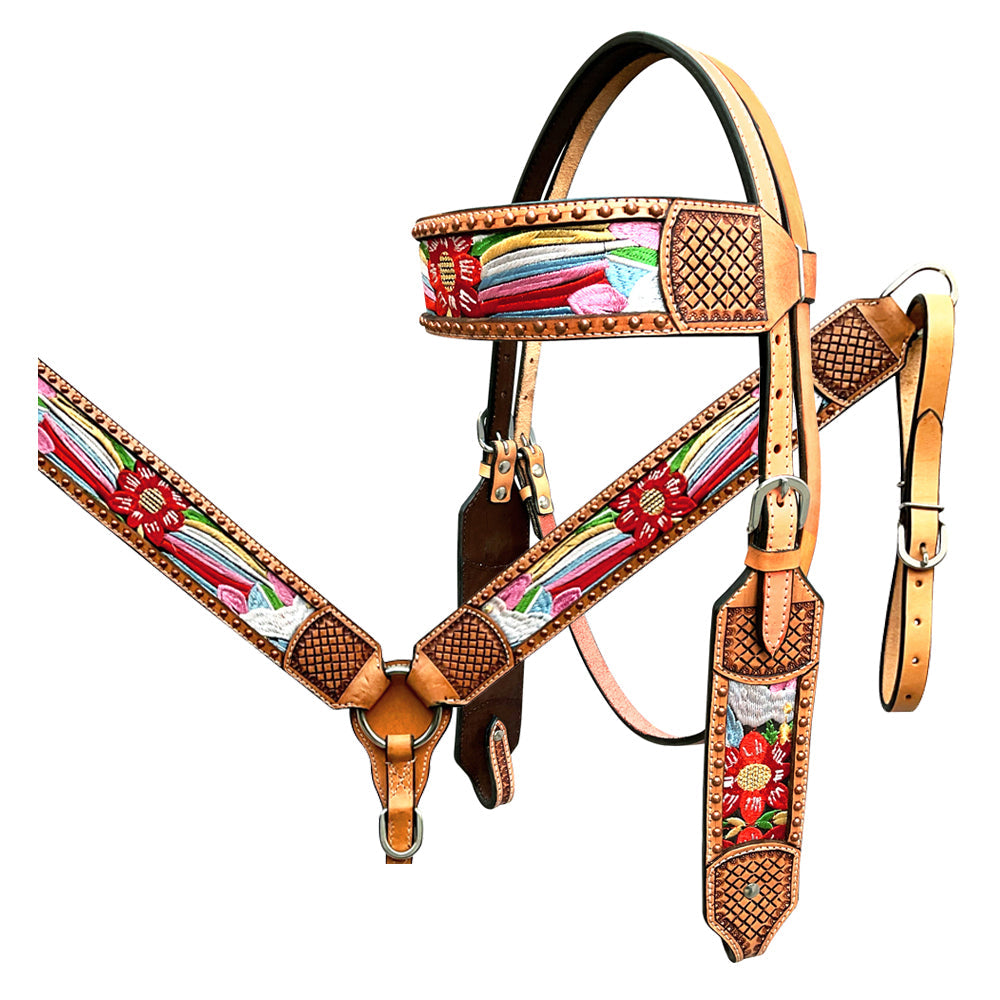 Bar H Equine Western Leather Horse Headstall &amp; Breast Collar Tan