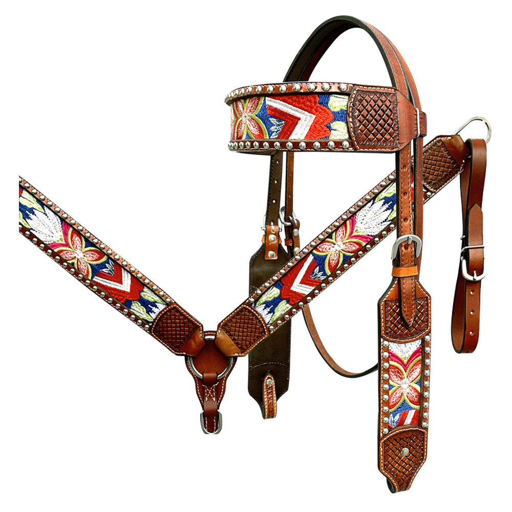 Bar H Equine Western Leather Horse Headstall &amp; Breast Collar Brown