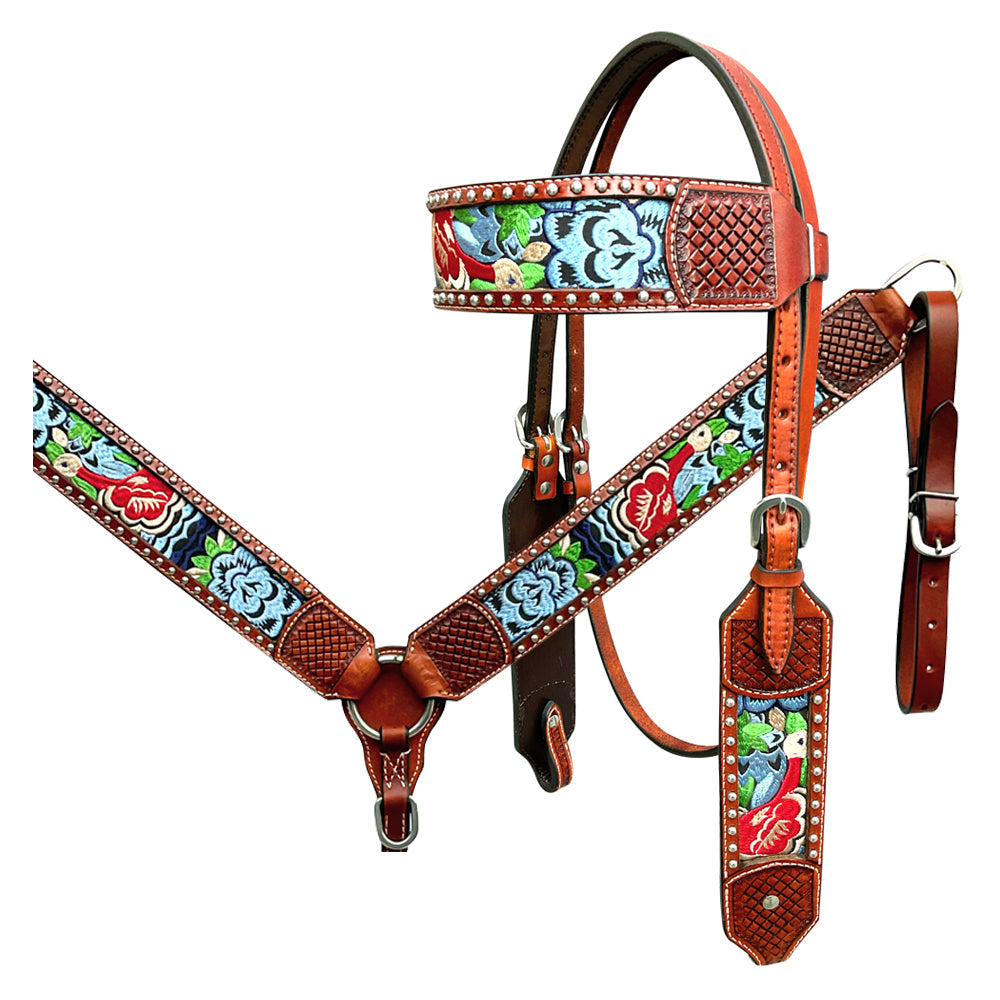 Bar H Equine Western Leather Horse Headstall &amp; Breast Collar Brown
