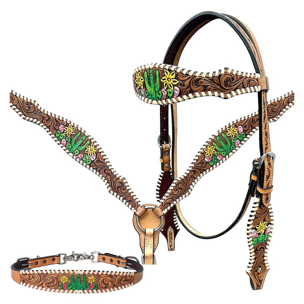 Bar H Equine Genuine Western American Leather Horse Premium Headstall &amp; Breast Collar Set