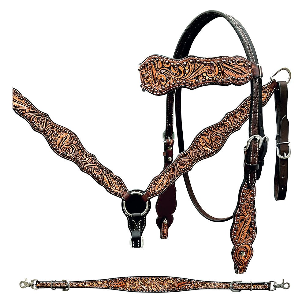 Bar H Equine Genuine Western American Leather Horse Premium Headstall &amp; Breast Collar Set