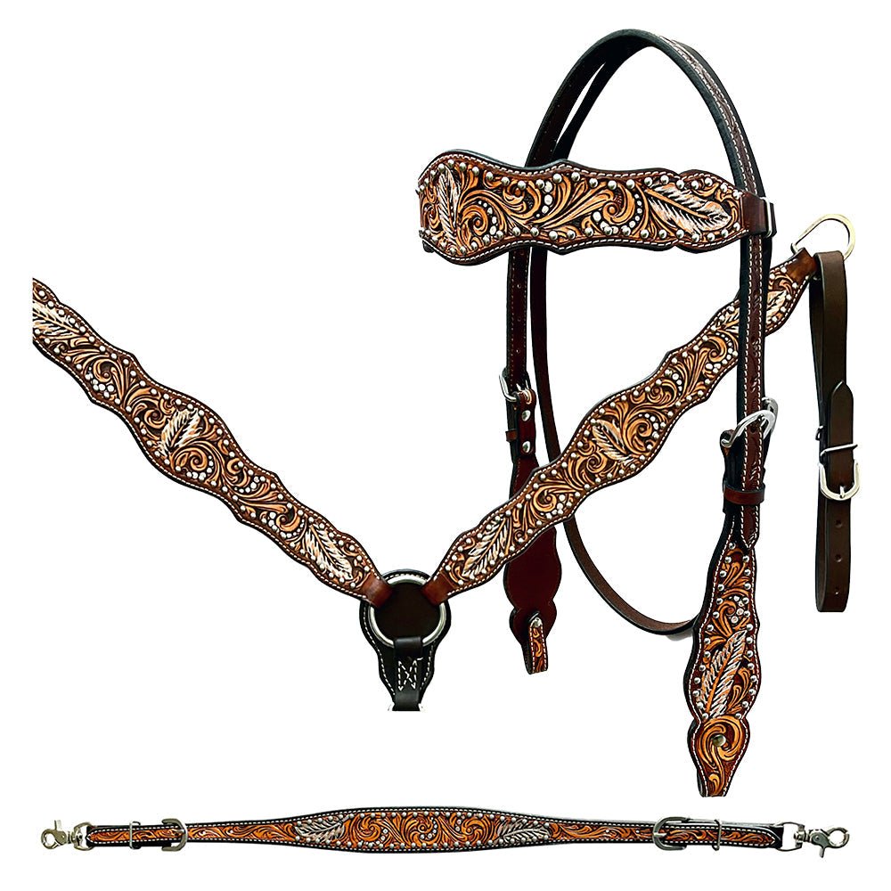 Bar H Equine Genuine Western American Leather Horse Premium Headstall &amp; Breast Collar Set
