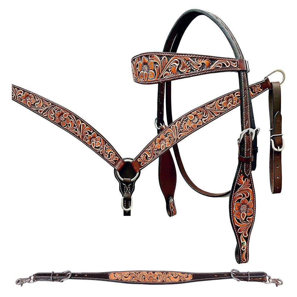 Bar H Equine Genuine Western American Leather Horse Premium Headstall &amp; Breast Collar Set