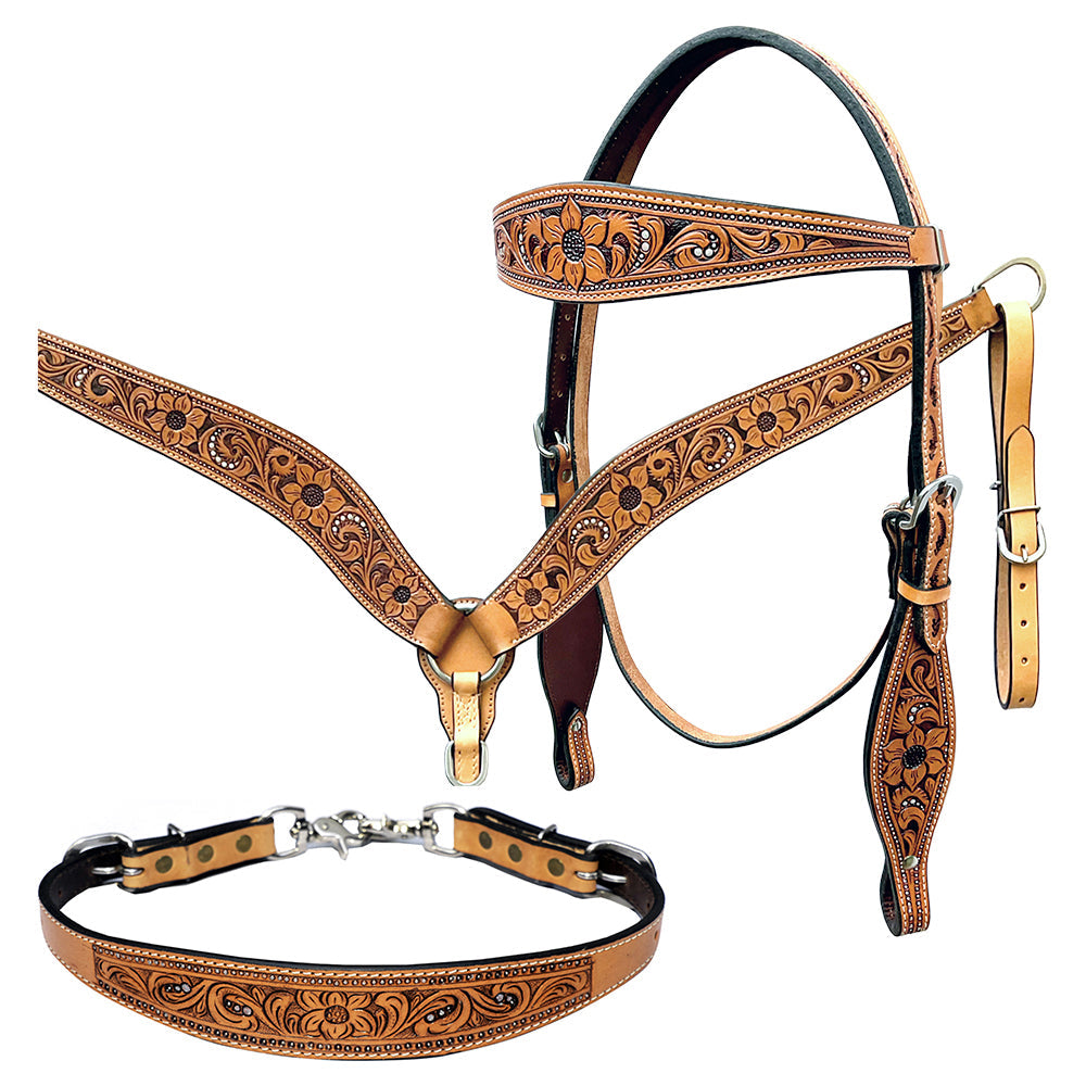 Bar H Equine Genuine Western American Leather Horse Premium Headstall &amp; Breast Collar Set