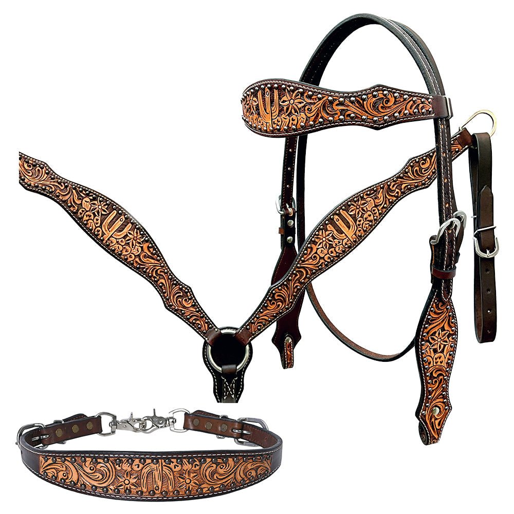 Bar H Equine Genuine Western American Leather Horse Premium Headstall &amp; Breast Collar Set